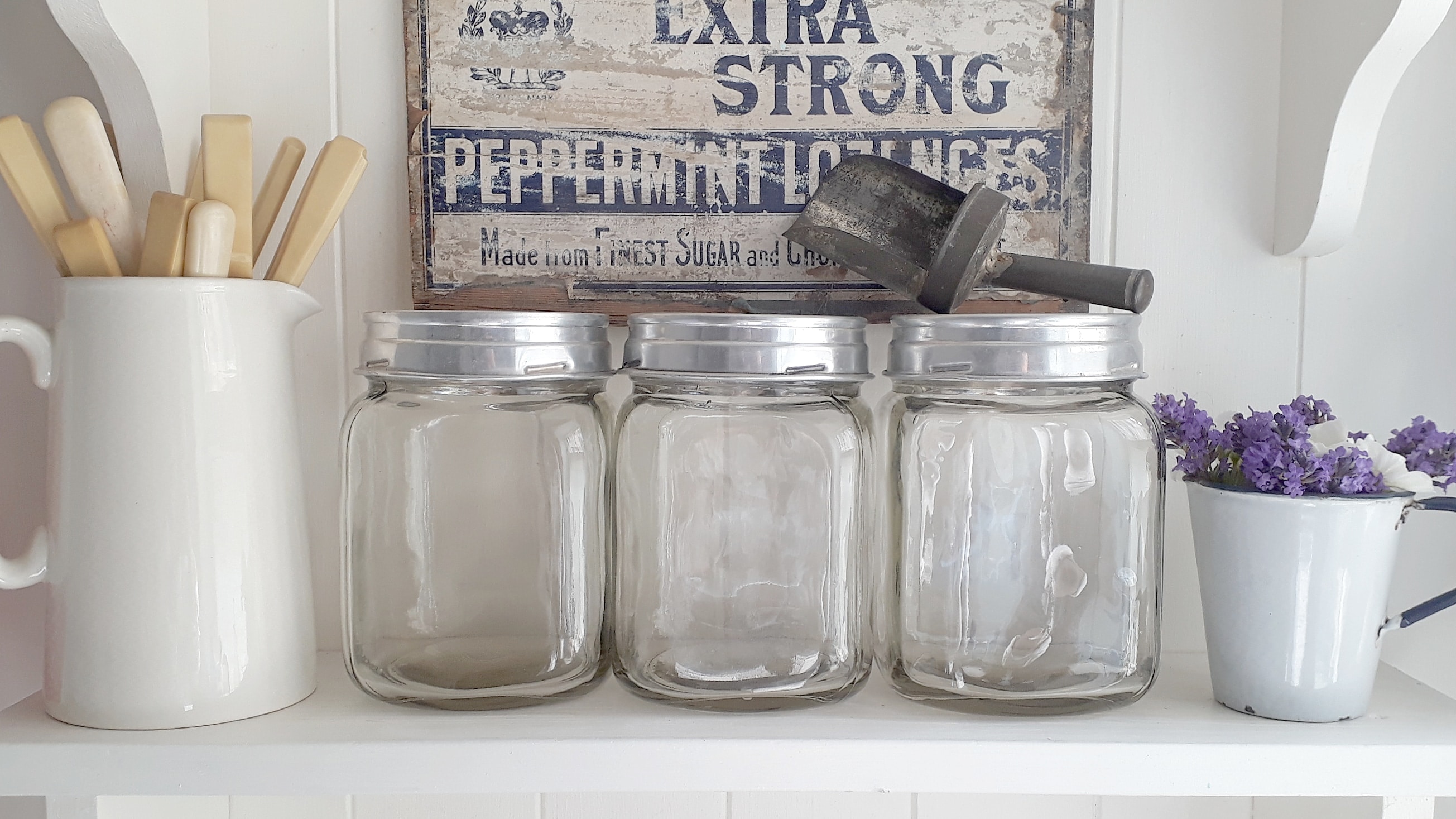 Set of three vintage glass kitchen storage jars Lavender House Vintage