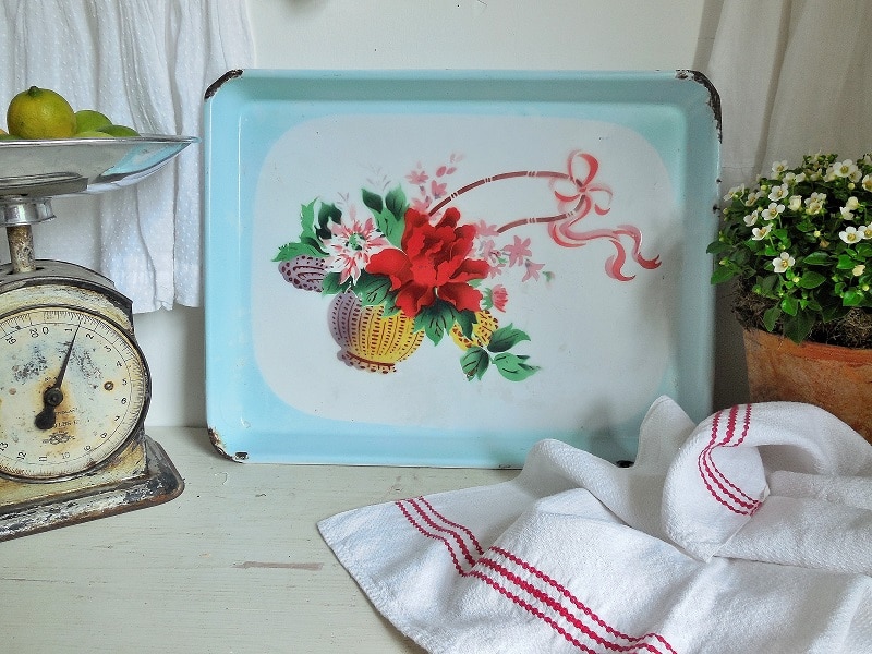 Pretty vintage enamel floral tray Lavender House Vintage